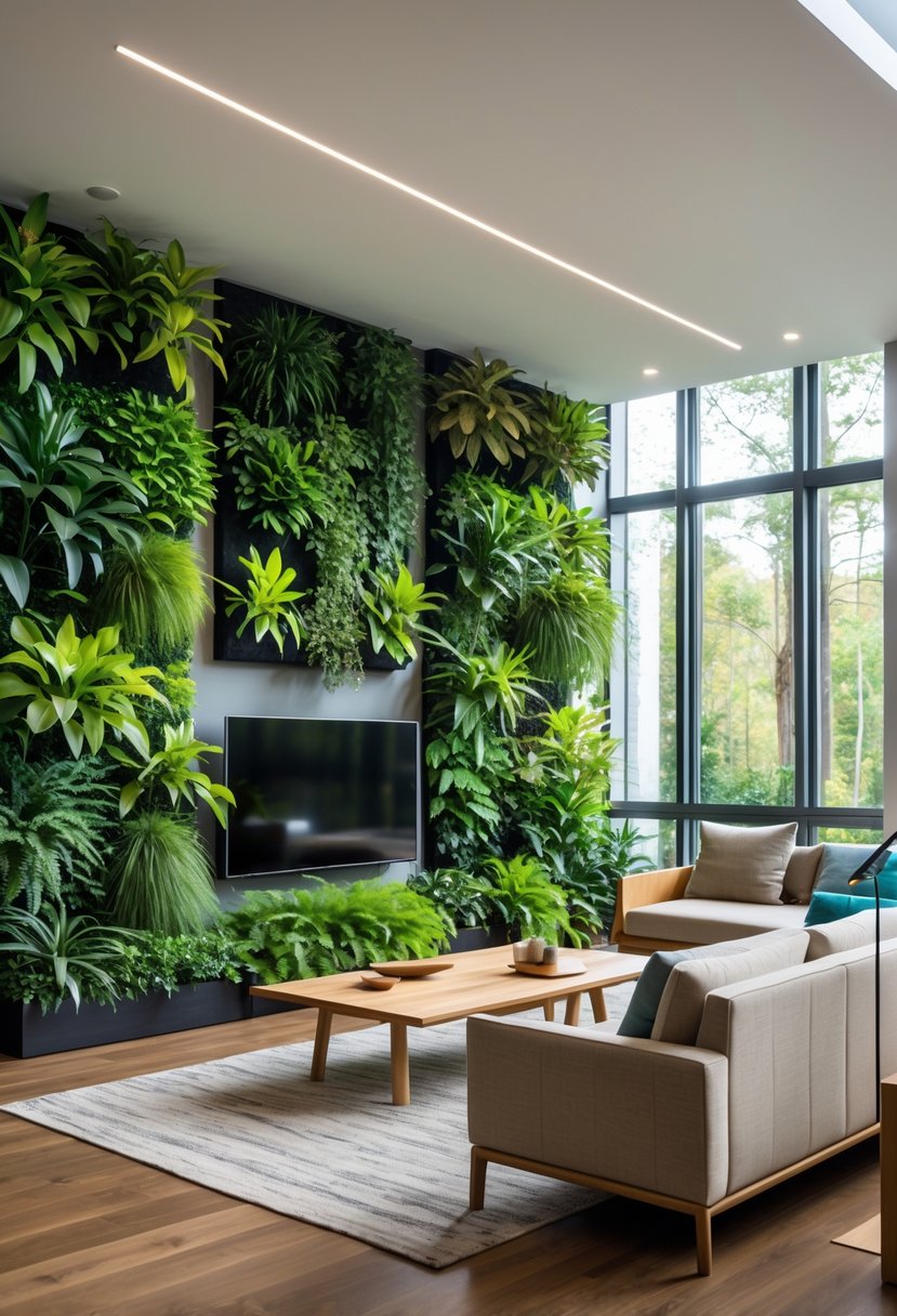 21 Terra Futura Living Room Design Ideas For A Modern And Sustainable Home 5 A modern living room with walls covered in lush native plants and natural light coming through large windows.