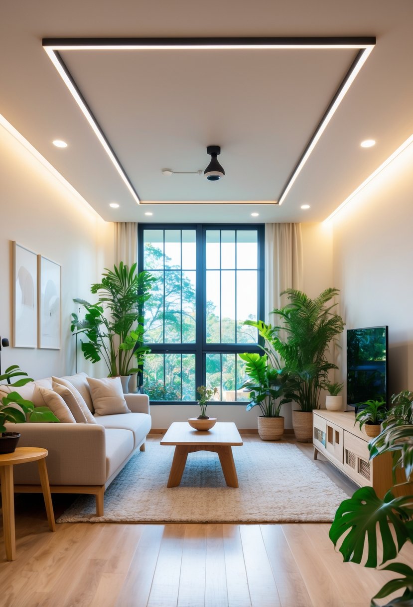 21 Terra Futura Living Room Design Ideas For A Modern And Sustainable Home 6 A modern living room with LED lighting fixtures, comfortable furniture, indoor plants, and large windows letting in natural light.