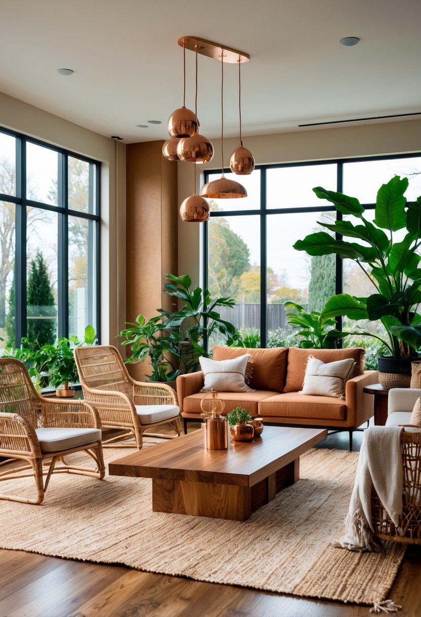 21 Terra Futura Living Room Design Ideas For A Modern And Sustainable Home 7 A living room with metallic light fixtures, wooden furniture, woven chairs, indoor plants, and natural fiber rug.
