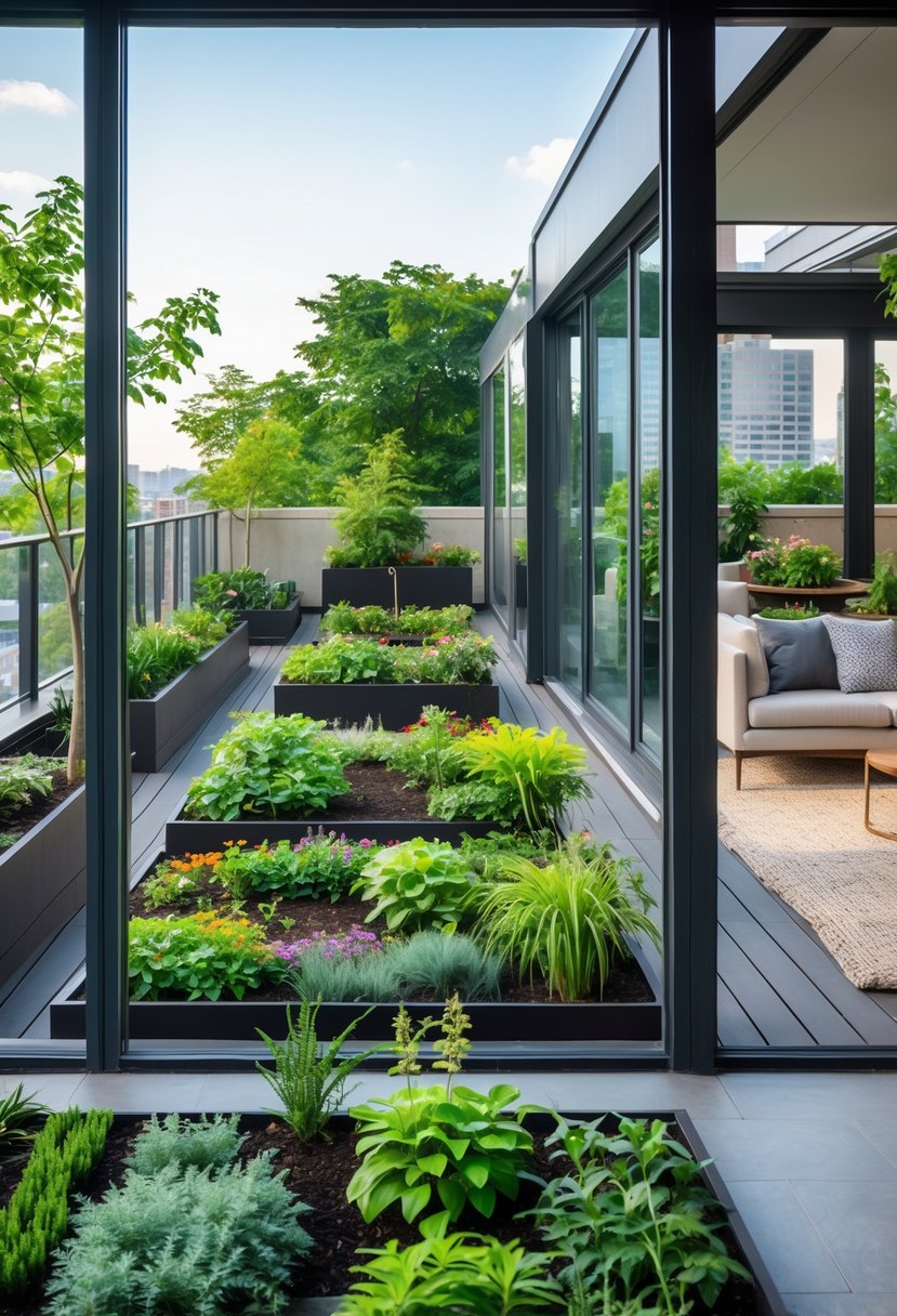 21 Terra Futura Living Room Design Ideas For A Modern And Sustainable Home 8 Living room with large windows overlooking a rooftop garden filled with plants and seating areas.