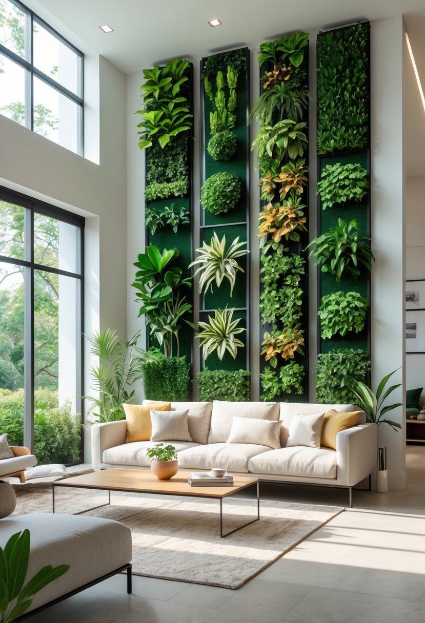21 Terra Futura Living Room Design Ideas For A Modern And Sustainable Home 9 A bright living room with vertical garden walls filled with green plants, modern furniture, and natural light from large windows.