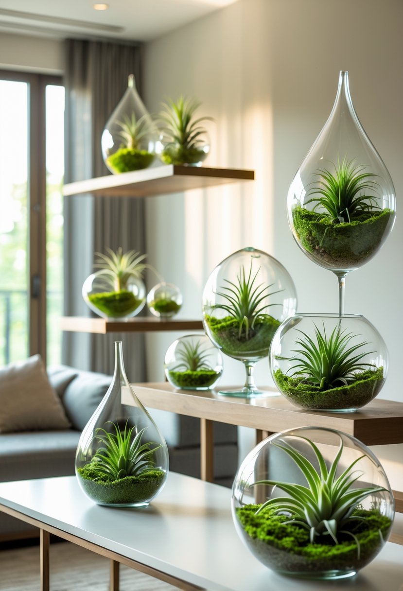 21 Terra Futura Living Room Design Ideas For A Modern And Sustainable Home 10 A living room with glass terrariums holding green air plants arranged on shelves and a coffee table.