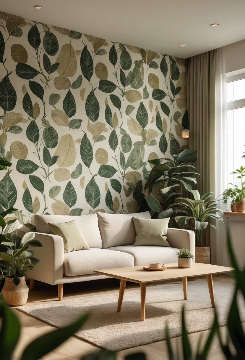 21 Terra Futura Living Room Design Ideas For A Modern And Sustainable Home 11 Living room with a sofa, coffee table, plants, and a wall covered in organic leaf patterned wallpaper.