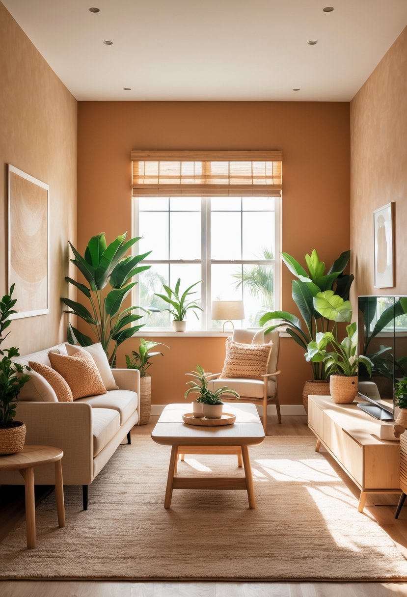 21 Terra Futura Living Room Design Ideas For A Modern And Sustainable Home 12 A living room with warm earth-toned walls, a beige sofa, wooden coffee table, and indoor plants.
