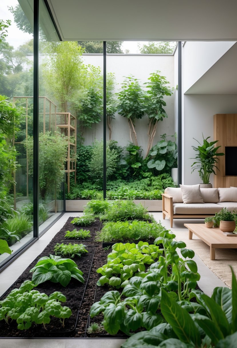 21 Terra Futura Living Room Design Ideas For A Modern And Sustainable Home 14 A living room with large windows looking out onto a lush garden filled with various plants and vegetables.