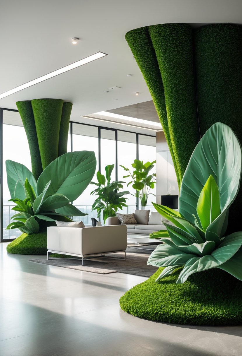 21 Terra Futura Living Room Design Ideas For A Modern And Sustainable Home 15 A modern living room with sleek furniture and large sculptural green plants placed around the space.