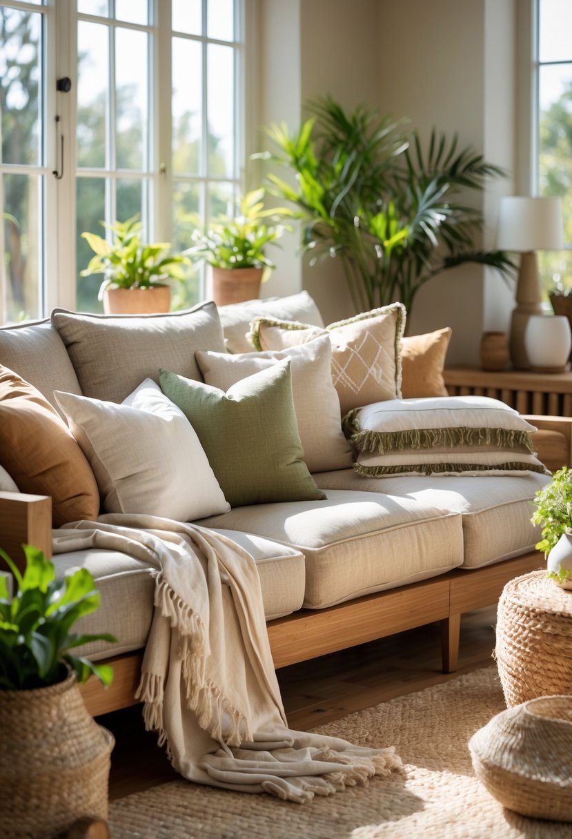 21 Terra Futura Living Room Design Ideas For A Modern And Sustainable Home 16 A living room with a sofa decorated with cushions and throws, surrounded by wooden furniture and plants.