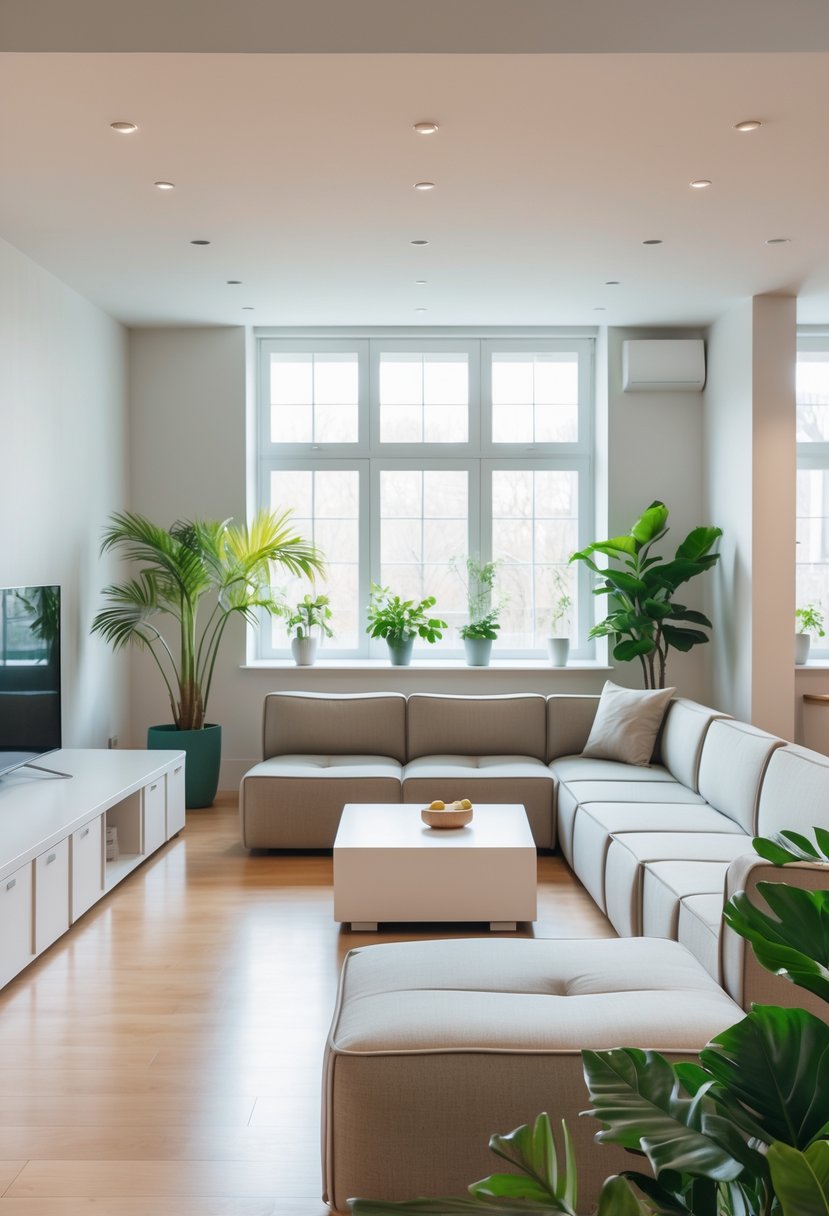 21 Terra Futura Living Room Design Ideas For A Modern And Sustainable Home 19 A modern living room with modular furniture arranged for flexible use, featuring a sectional sofa, coffee table, storage units, large windows, and indoor plants.