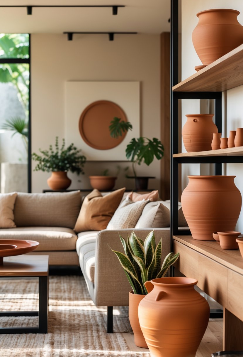 21 Terra Futura Living Room Design Ideas For A Modern And Sustainable Home 20 A living room with terracotta pottery displayed on shelves and tables, featuring a sofa, coffee table, and natural light coming through windows.