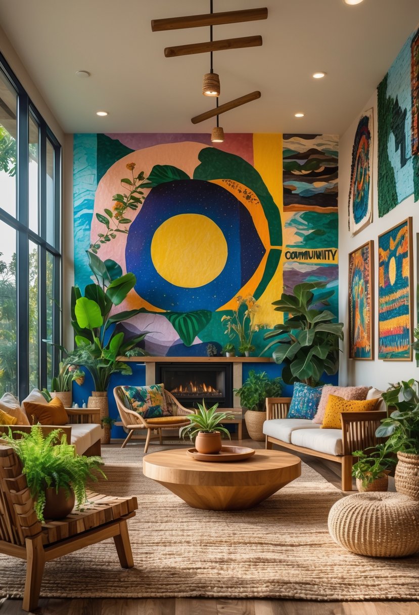 21 Terra Futura Living Room Design Ideas For A Modern And Sustainable Home 21 A bright living room with large windows, natural wood furniture, colorful community-inspired artwork on the walls, green plants, and cozy seating.