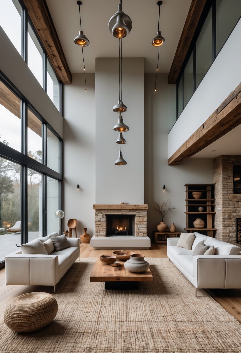 21 Terra Futura Living Room Design Ideas For A Modern And Sustainable Home 22 A spacious living room with large windows, a stone fireplace, wooden beams, modern furniture, and natural light.