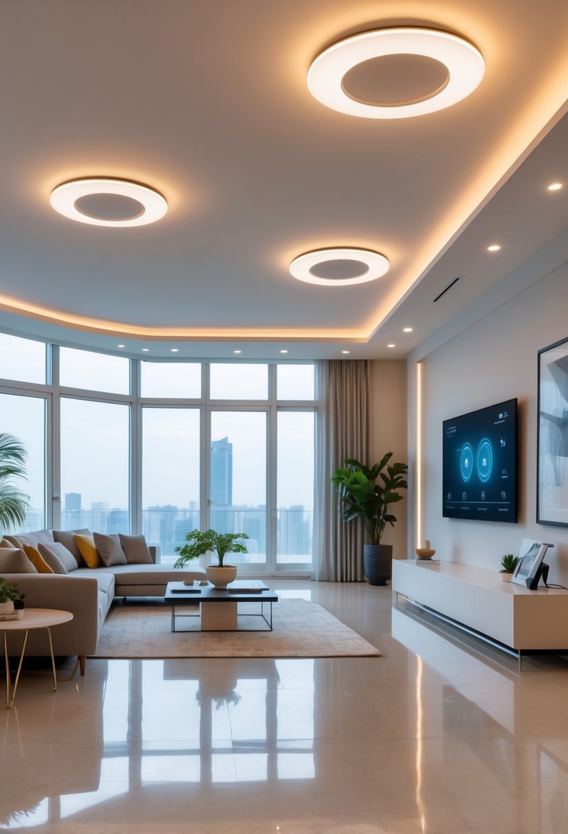 21 Terra Futura Living Room Design Ideas For A Modern And Sustainable Home 23 A modern living room with smart lighting and climate control devices, featuring a sofa, coffee table, plants, and large windows.