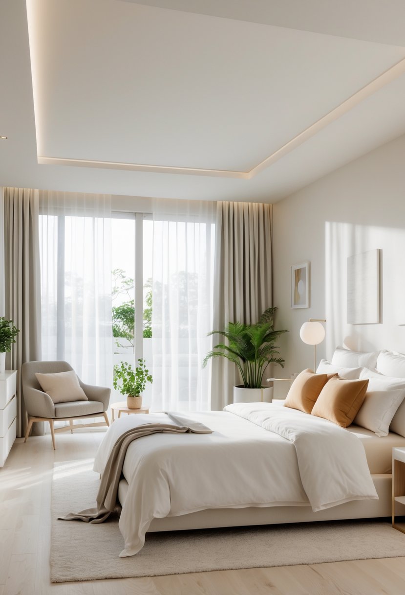 22 Terra Futura Bedroom Design Ideas For Modern And Sustainable Living 2 A bright bedroom with a large bed, wooden floor, plants, and a reading chair near a window.