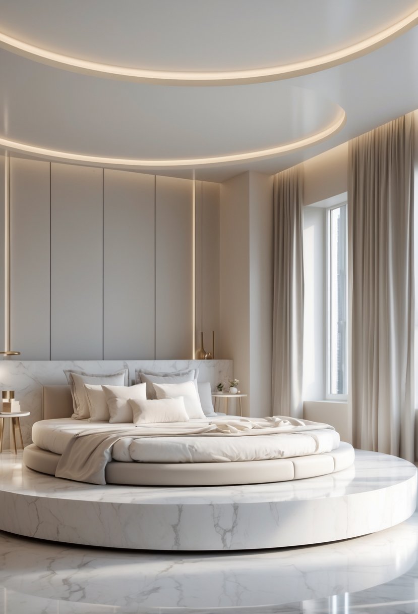 22 Terra Futura Bedroom Design Ideas For Modern And Sustainable Living 3 A bedroom with a large circular bed on a white marble platform, surrounded by minimal furniture and natural light.