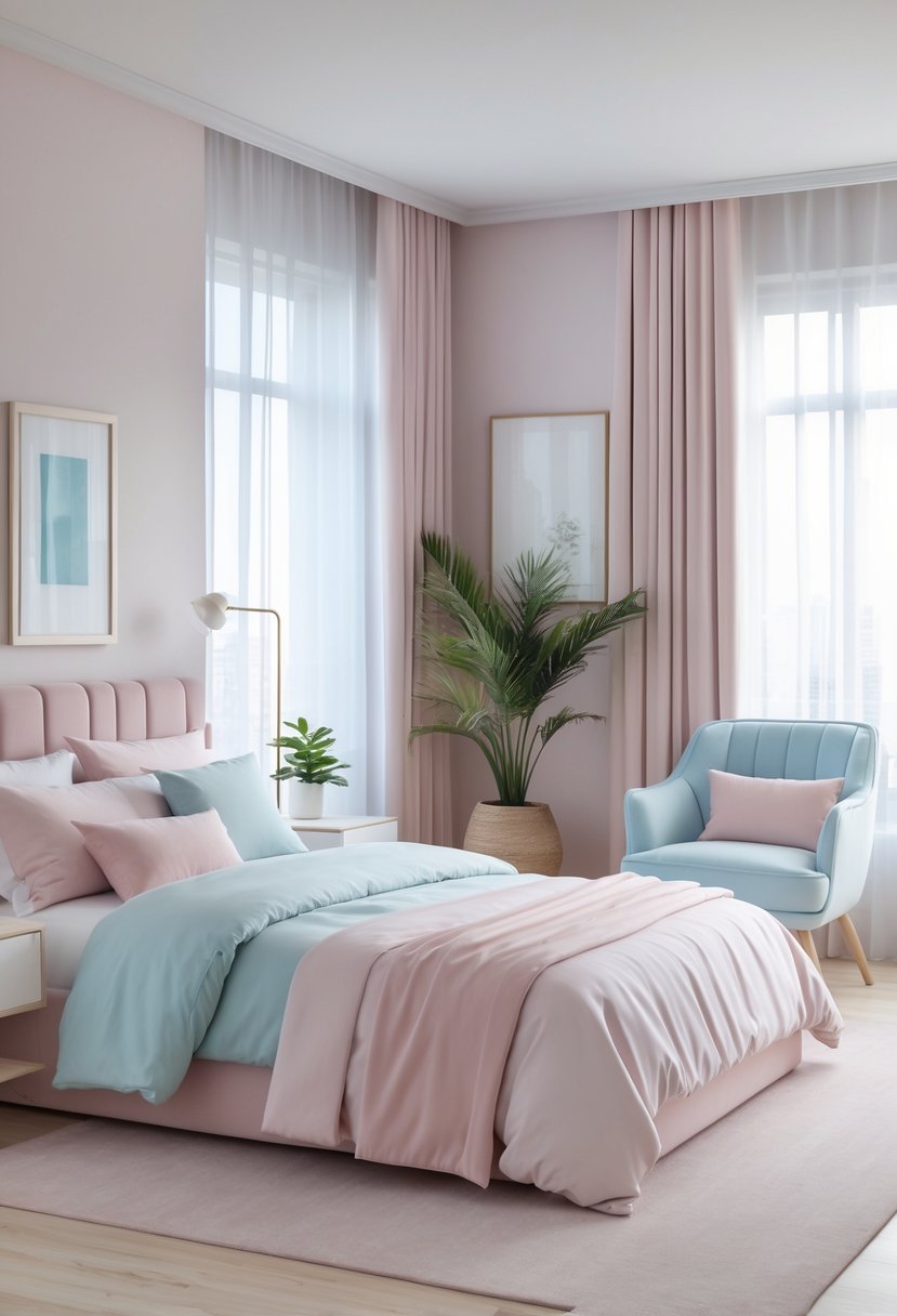 22 Terra Futura Bedroom Design Ideas For Modern And Sustainable Living 4 A bedroom with a bed, bedside table, armchair, and plants illuminated by natural light.