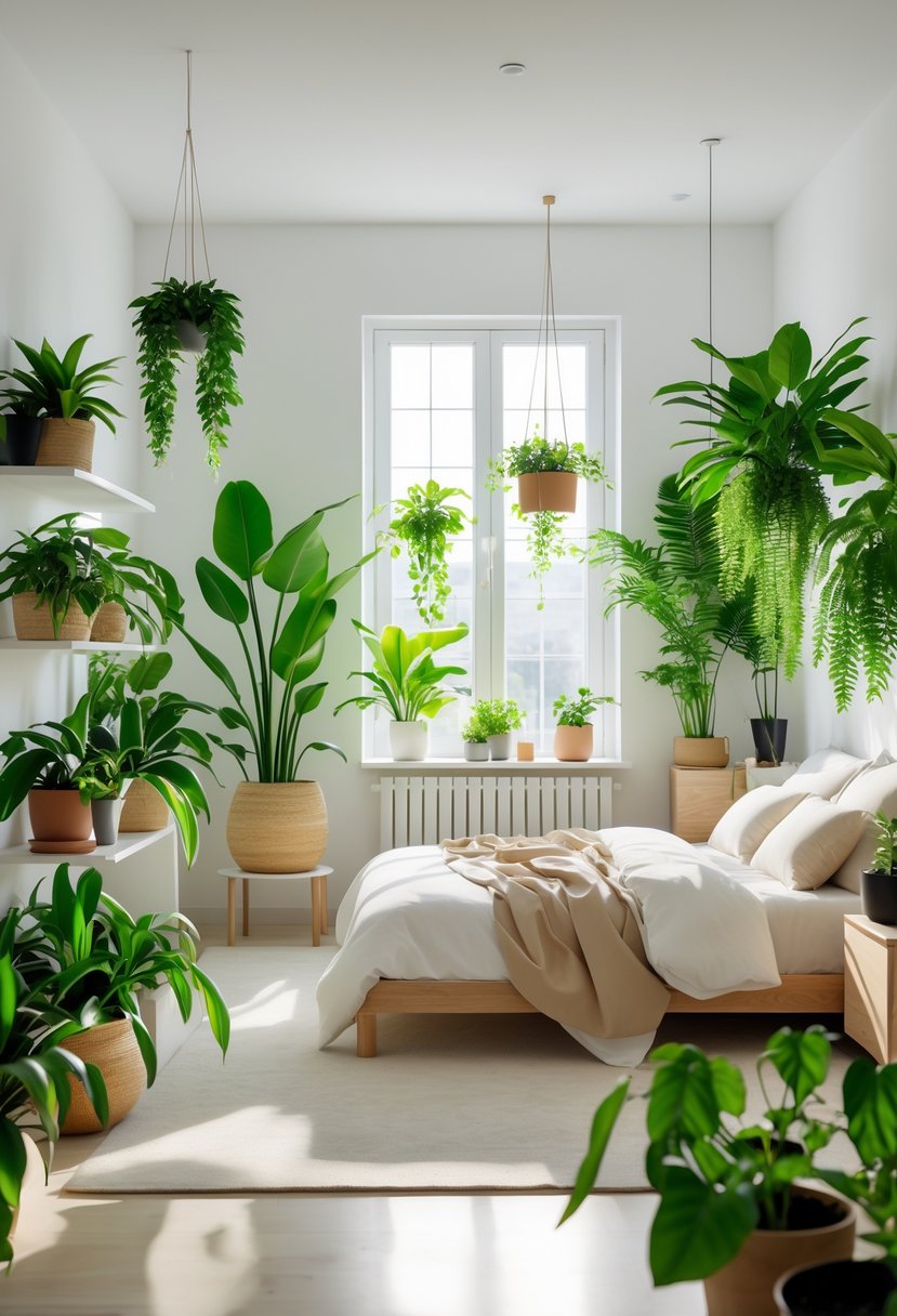 22 Terra Futura Bedroom Design Ideas For Modern And Sustainable Living 5 A bright bedroom with various green indoor plants placed around the room on shelves, tables, and the floor.