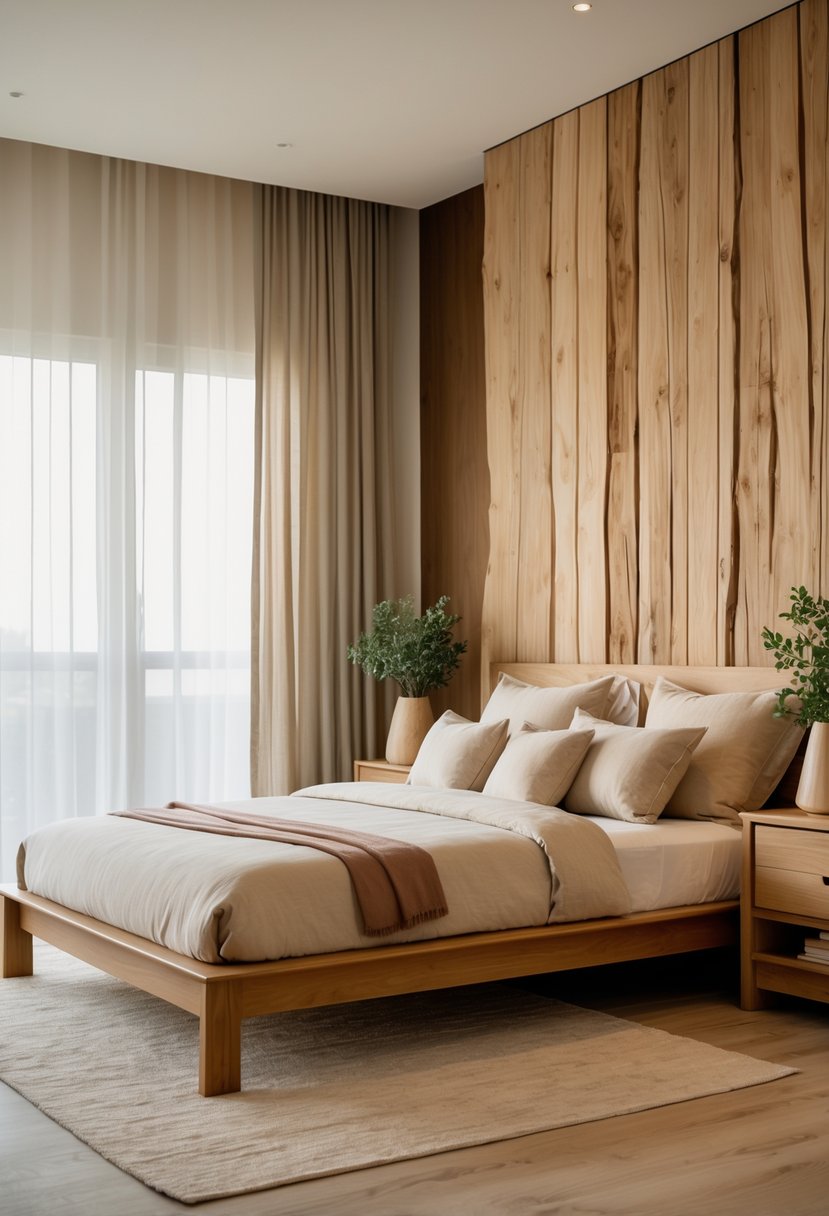 22 Terra Futura Bedroom Design Ideas For Modern And Sustainable Living 7 A bedroom with a wooden bed, wooden nightstands, plants, and natural light coming through sheer curtains.