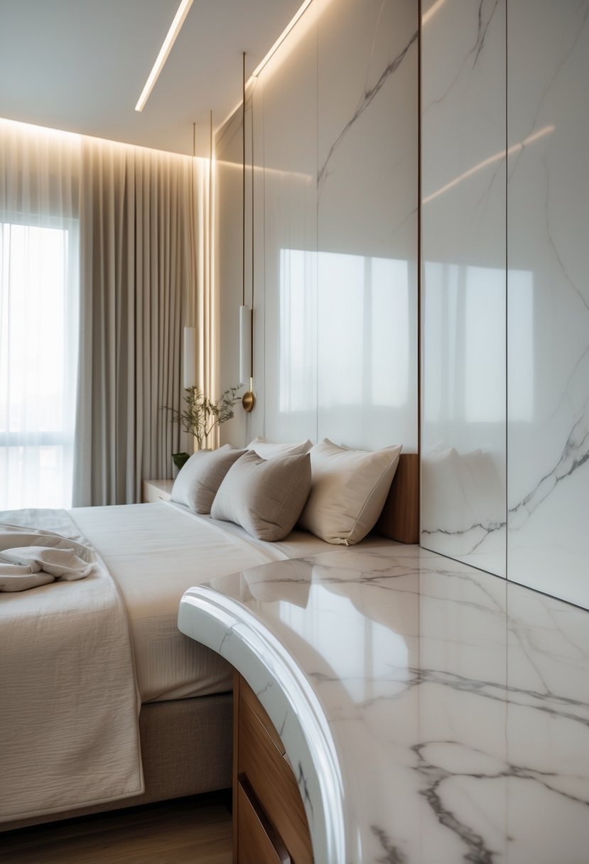 22 Terra Futura Bedroom Design Ideas For Modern And Sustainable Living 8 A bedroom with curved white marble countertops near the bed, featuring a comfortable bed and warm wooden flooring.