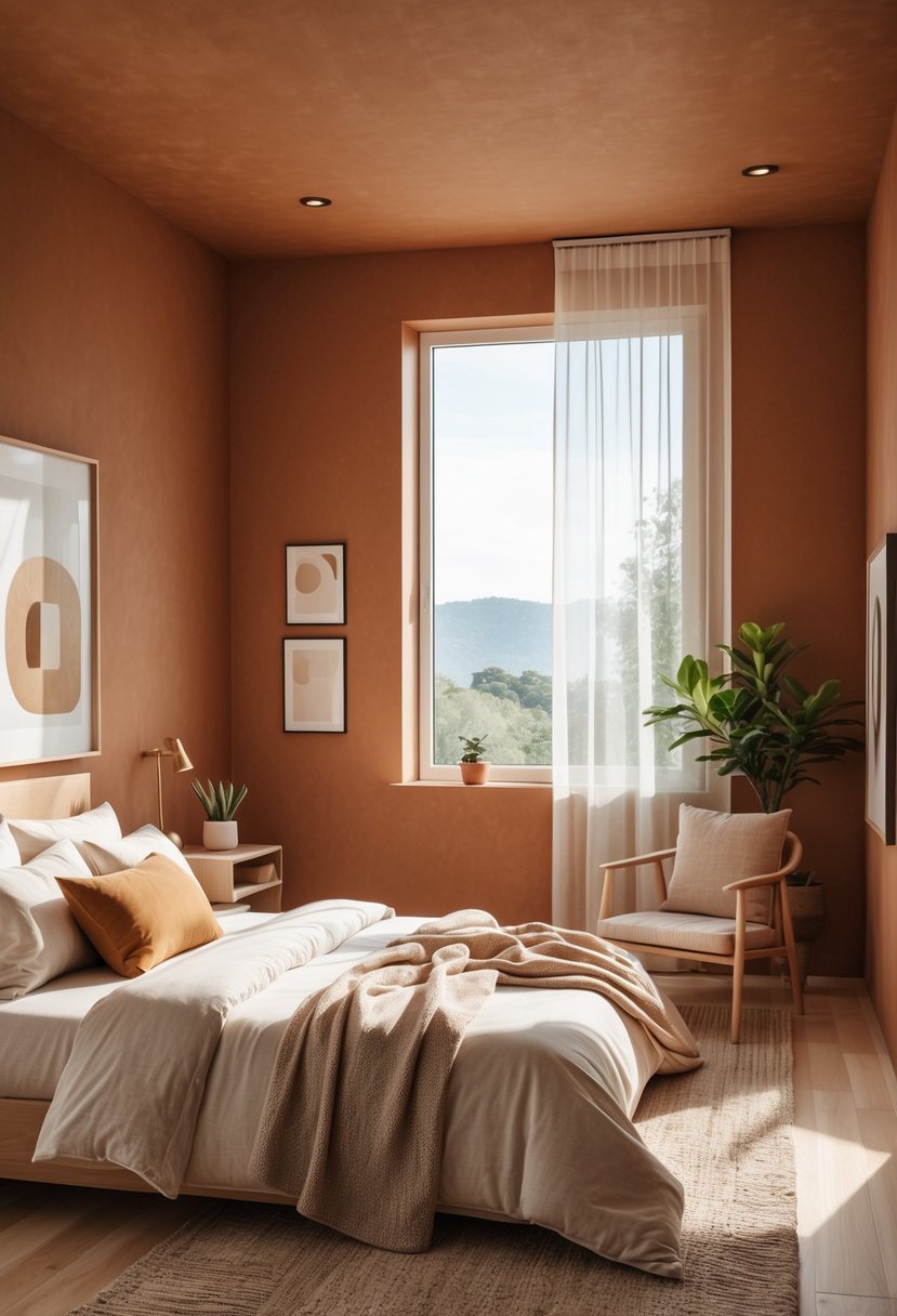 22 Terra Futura Bedroom Design Ideas For Modern And Sustainable Living 9 A bedroom with soft terracotta walls, a neatly made bed, wooden furniture, and natural light coming through a large window.