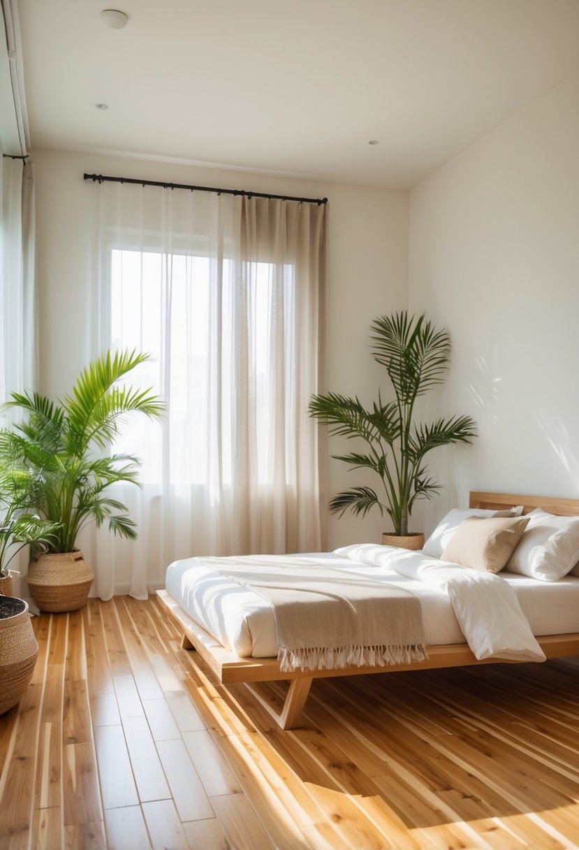 22 Terra Futura Bedroom Design Ideas For Modern And Sustainable Living 10 A bedroom with warm bamboo flooring, a wooden bed, green plants, and natural light coming through large windows.
