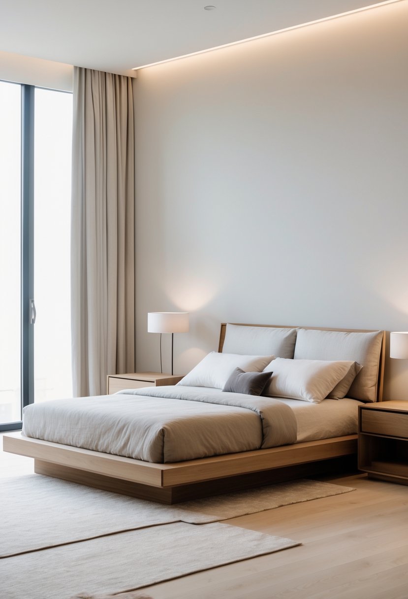 22 Terra Futura Bedroom Design Ideas For Modern And Sustainable Living 11 A modern bedroom with a wooden bed, nightstand, lamp, and natural light coming through a window.