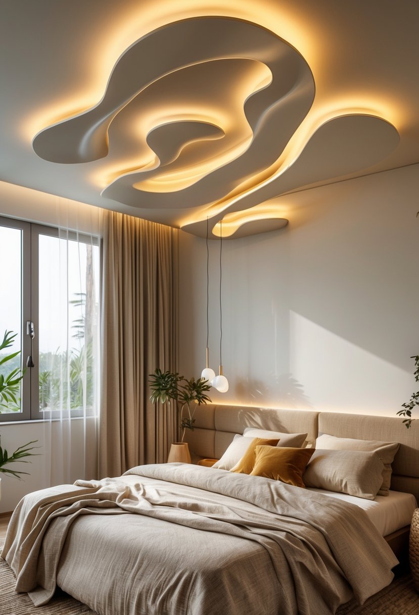 22 Terra Futura Bedroom Design Ideas For Modern And Sustainable Living 12 A modern bedroom with organic-shaped lighting fixtures glowing softly above a neatly made bed surrounded by natural decor elements.