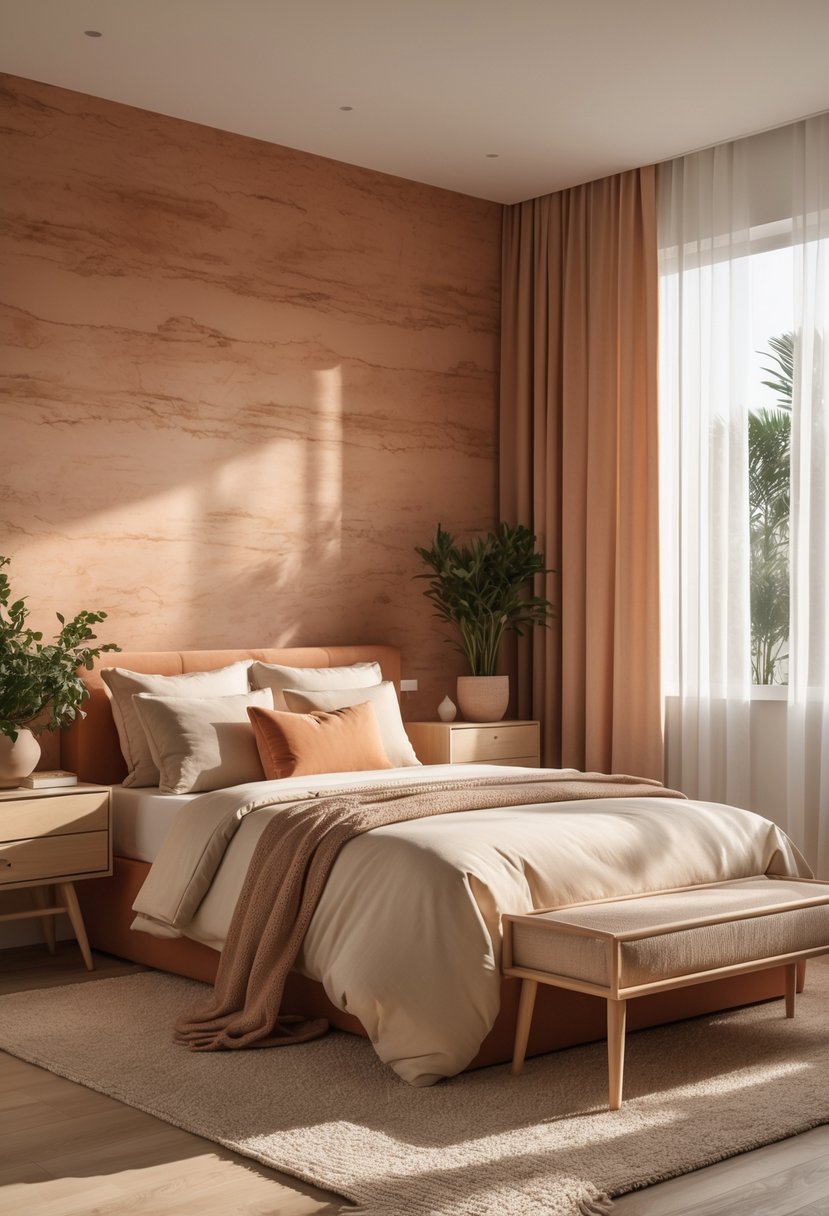 22 Terra Futura Bedroom Design Ideas For Modern And Sustainable Living 13 A bedroom with terracotta and sand-colored wallpaper, a bed with neutral linens and terracotta pillows, wooden furniture, a potted plant, and natural light coming through large windows.