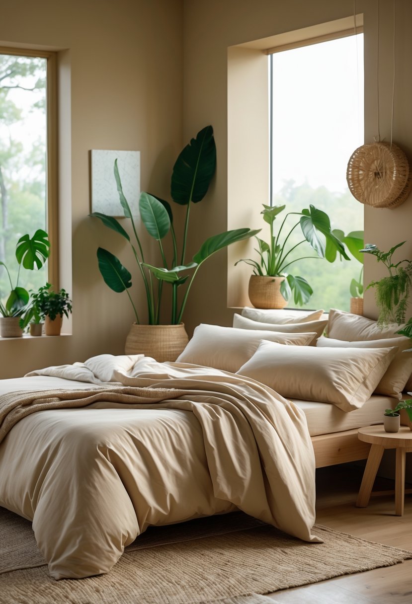 22 Terra Futura Bedroom Design Ideas For Modern And Sustainable Living 14 A neatly made bed with natural-colored bedding in a bright bedroom with wooden furniture and green plants.