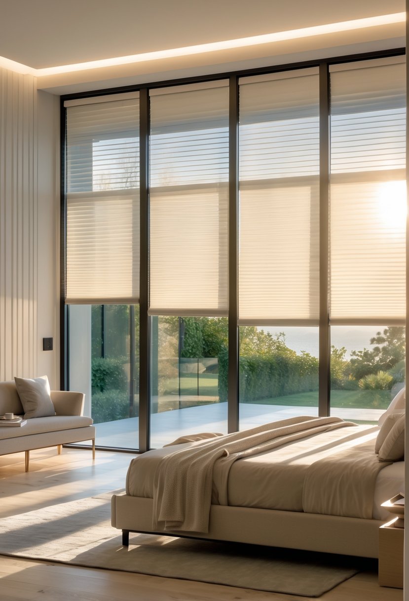 22 Terra Futura Bedroom Design Ideas For Modern And Sustainable Living 16 A bedroom with large windows featuring smart blinds partially open, letting in natural sunlight that brightens the room.
