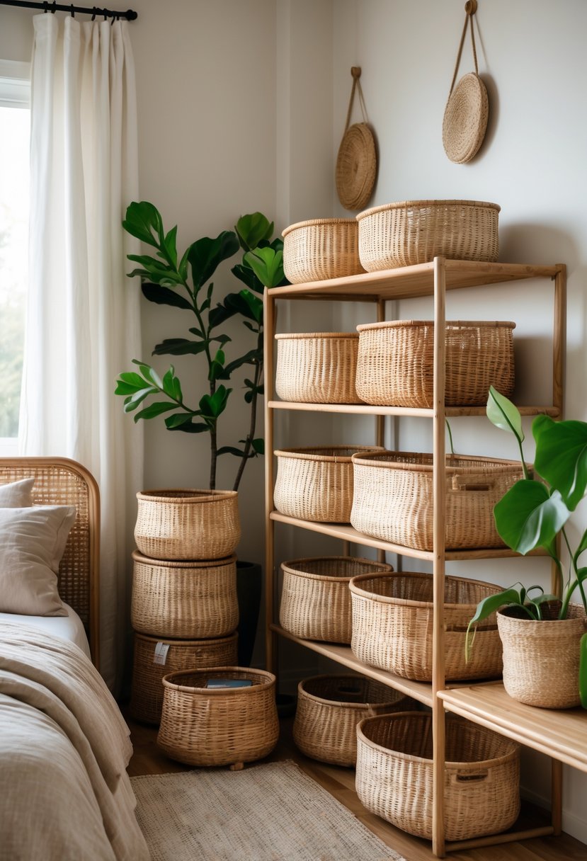 22 Terra Futura Bedroom Design Ideas For Modern And Sustainable Living 17 A bedroom corner with natural rattan storage baskets arranged on shelves and the floor, next to a bed and a green plant.
