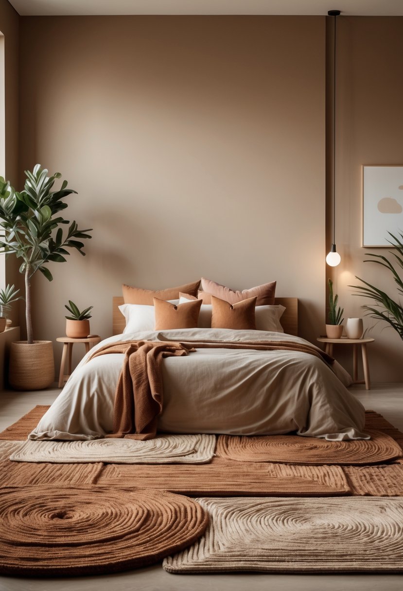 22 Terra Futura Bedroom Design Ideas For Modern And Sustainable Living 18 A cozy bedroom with layered warm earth tone rugs, a neatly made bed, wooden furniture, and soft natural lighting.