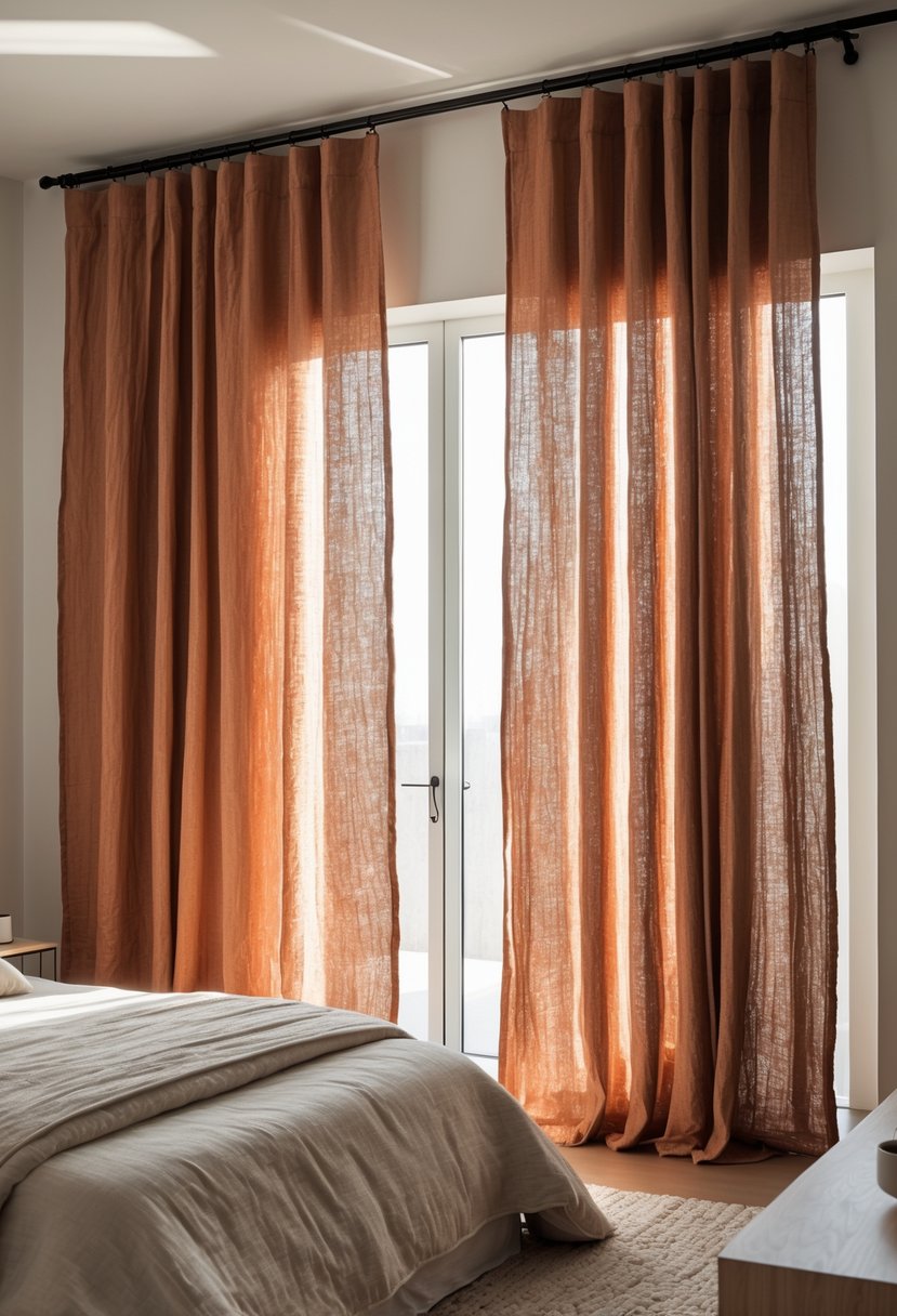 22 Terra Futura Bedroom Design Ideas For Modern And Sustainable Living 19 A bedroom with terra cotta linen curtains softly filtering daylight next to a neatly made bed and minimalist furniture.