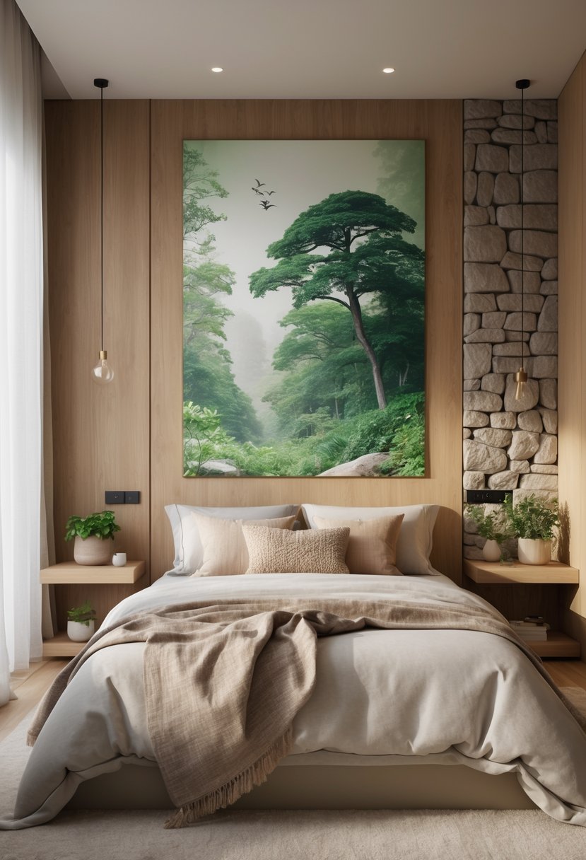 22 Terra Futura Bedroom Design Ideas For Modern And Sustainable Living 20 A modern bedroom with a large nature-inspired wall art above the bed, featuring earthy tones, wooden furniture, and natural light coming through sheer curtains.