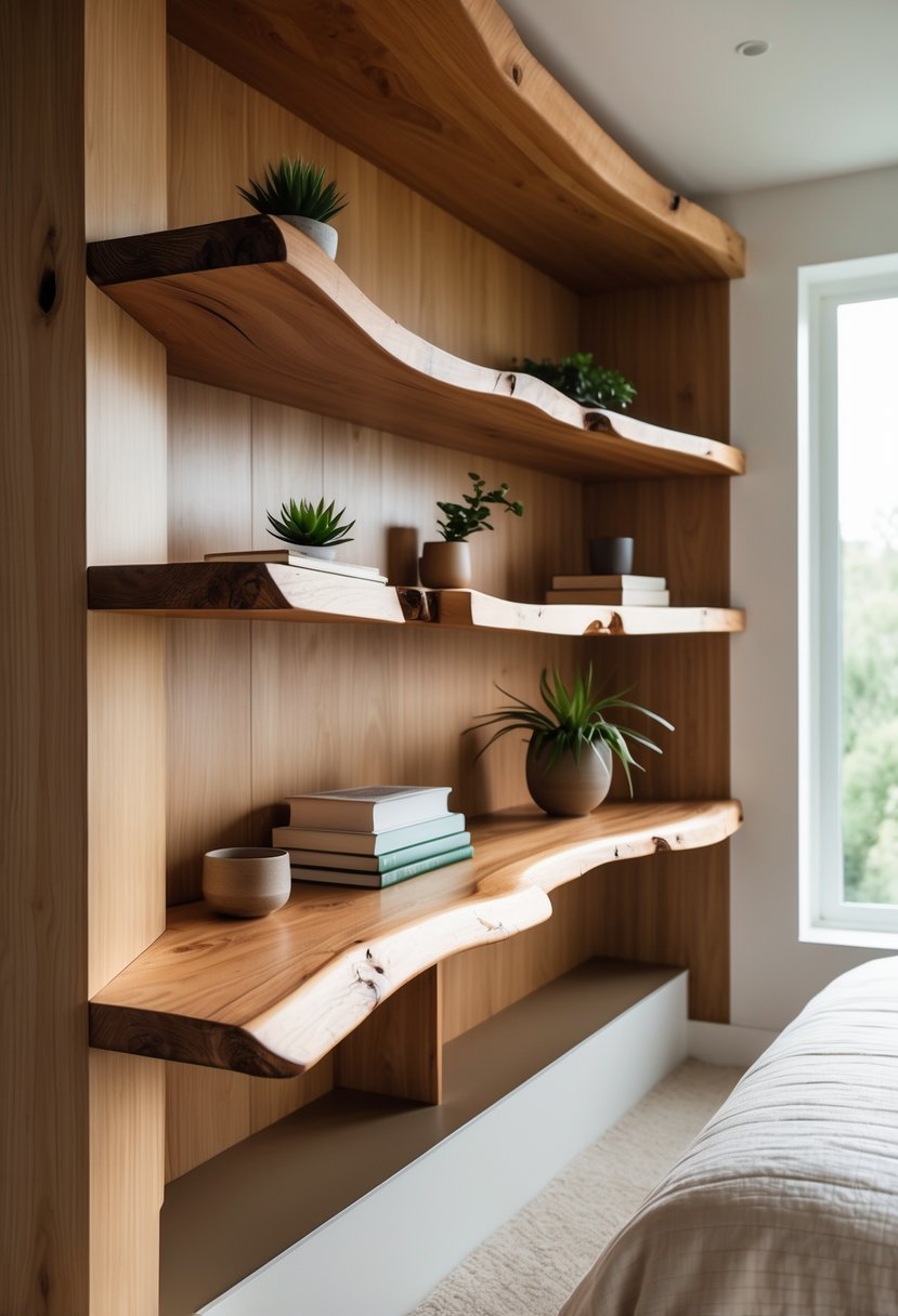 22 Terra Futura Bedroom Design Ideas For Modern And Sustainable Living 21 A bedroom with built-in wooden shelves featuring natural live edges, decorated with books and plants, with soft natural lighting.