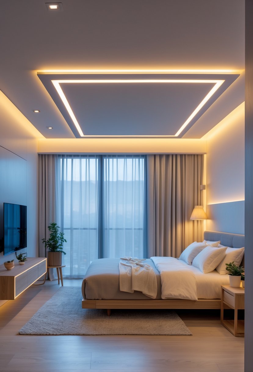 22 Terra Futura Bedroom Design Ideas For Modern And Sustainable Living 22 A modern bedroom with energy-efficient LED ambient lighting creating a warm and calm atmosphere, featuring a bed, nightstand, and large windows.