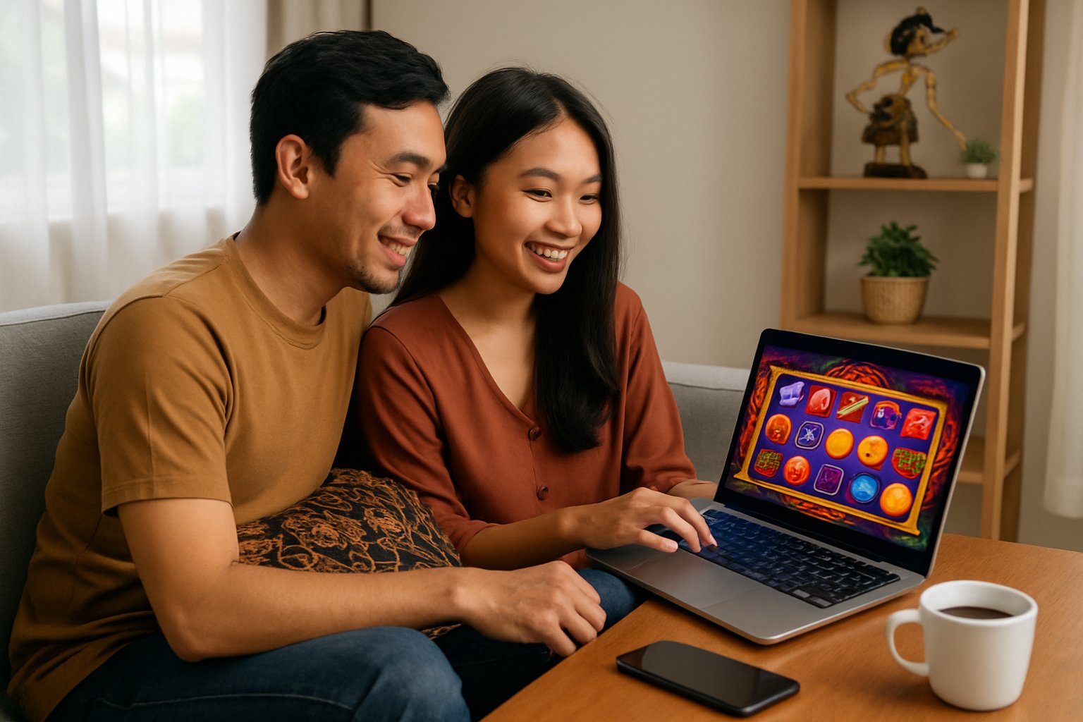 Seorang pria dan wanita muda duduk di sofa di ruang tamu sambil melihat layar laptop yang menampilkan permainan slot online, dengan dekorasi yang menunjukkan budaya Indonesia di sekitar mereka.