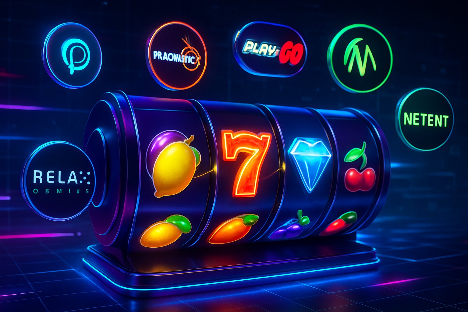 Tampilan mesin slot online dengan berbagai simbol warna-warni dan ikon penyedia slot terbaik di latar belakang digital yang modern.