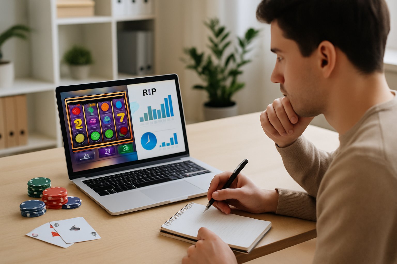 Seorang pemuda duduk di meja kerja dengan laptop yang menampilkan permainan slot online dan grafik RTP, sambil mencatat strategi bermain.