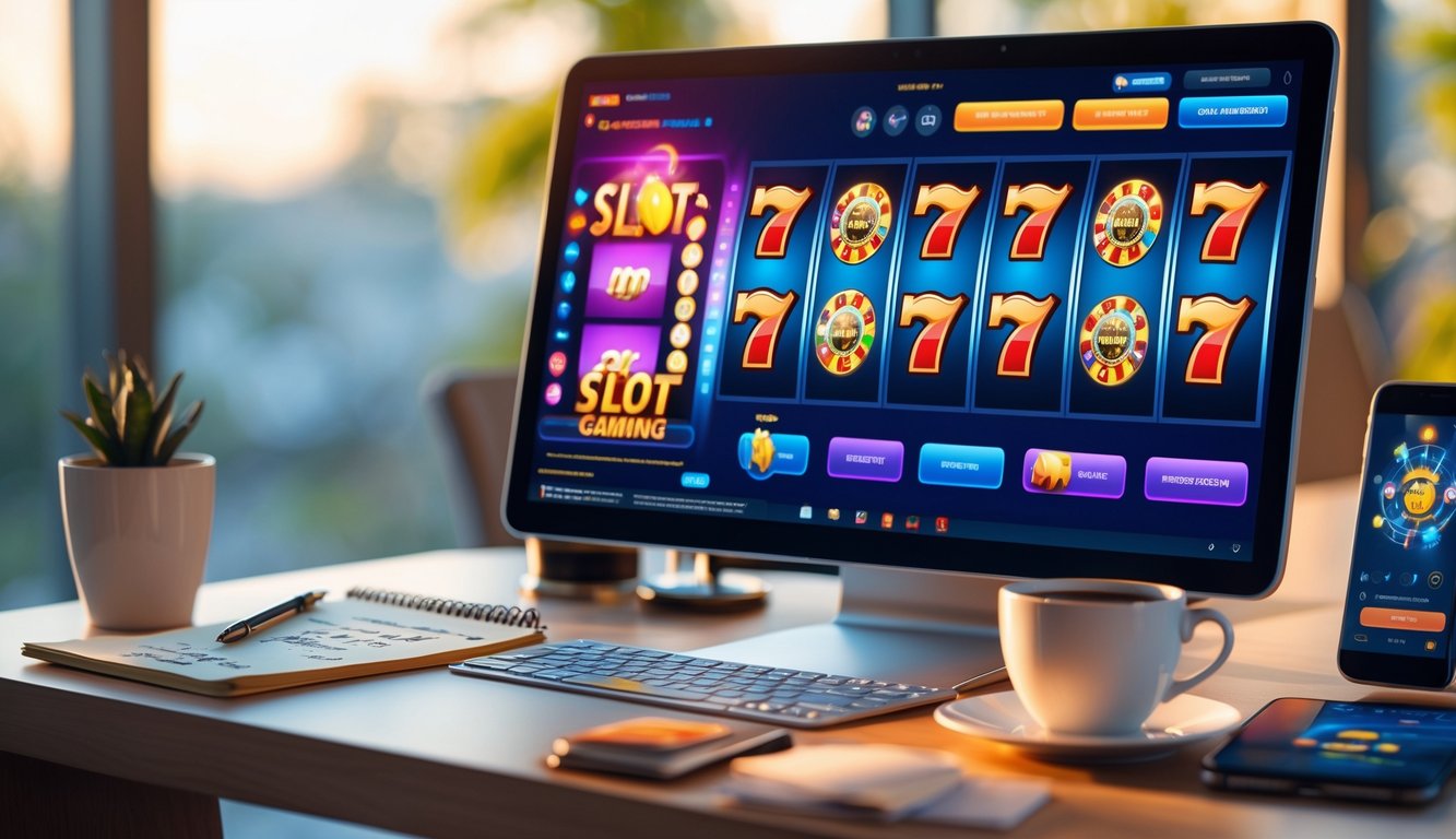 Sebuah meja kerja dengan komputer menampilkan permainan slot online, dilengkapi dengan catatan, kopi, dan ponsel di sekitarnya.