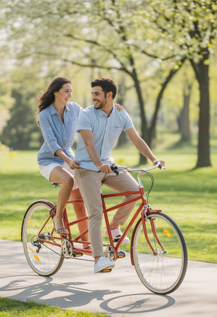 A smiling couple riding a tandem bicycle side-by-side on a sunny day in a park.