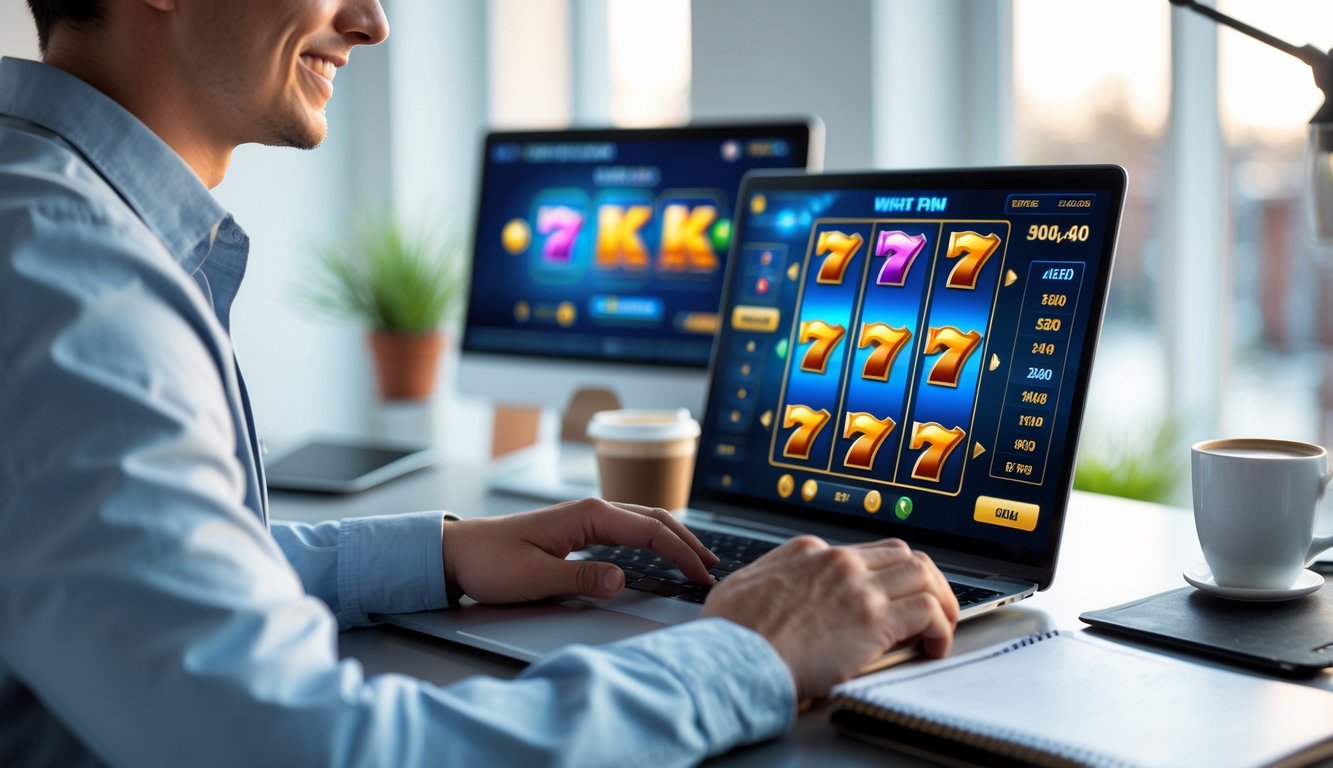 Seseorang duduk di depan laptop dengan tampilan permainan slot online, di meja terdapat kopi dan buku catatan.