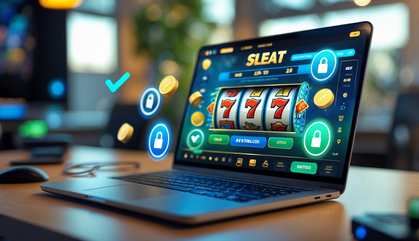 Seorang pengguna sedang bermain permainan slot online di laptop di ruang kerja yang nyaman dengan elemen keamanan digital di sekitar.
