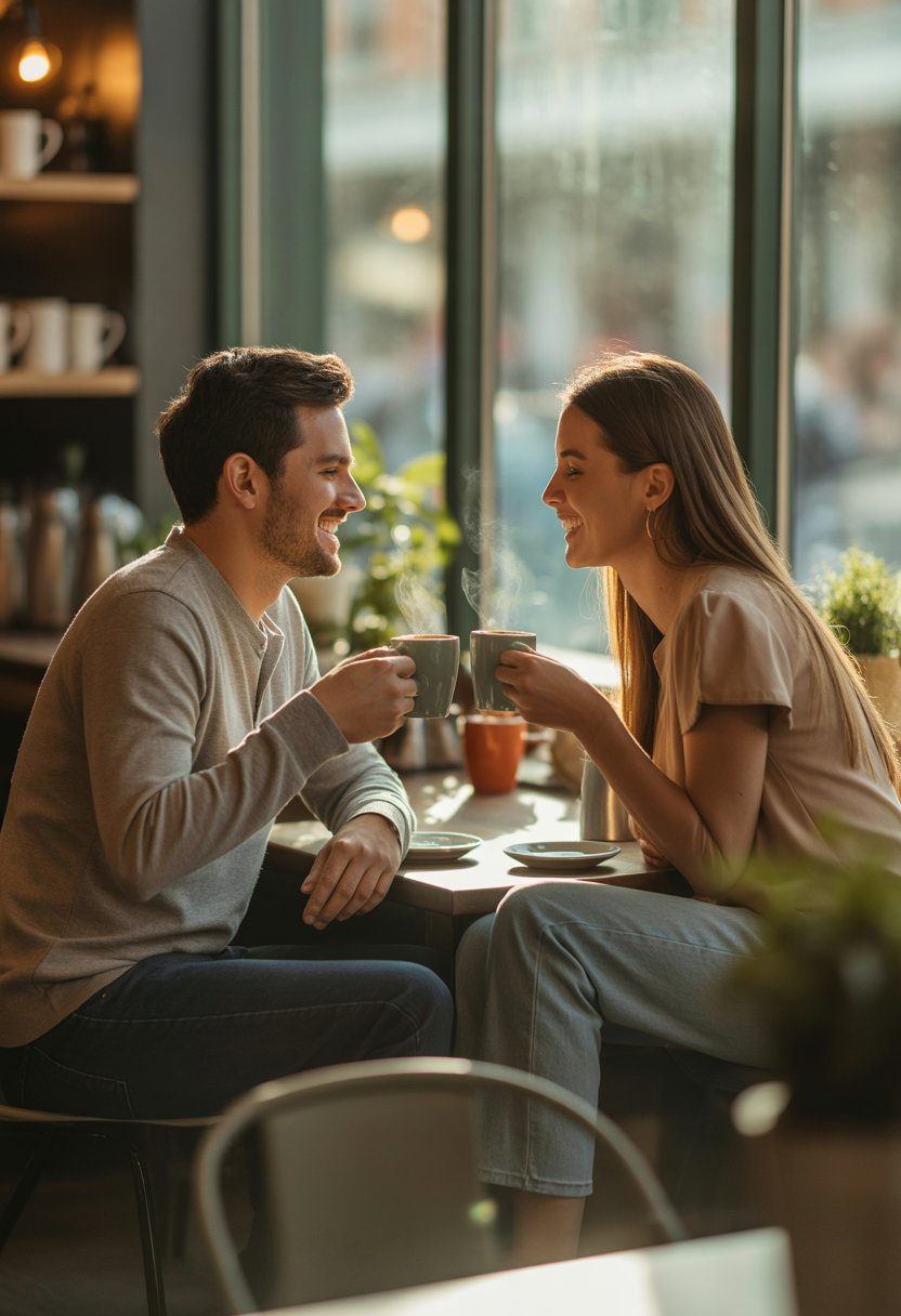 A couple sitting at a café table sharing coffee and smiling at each other.