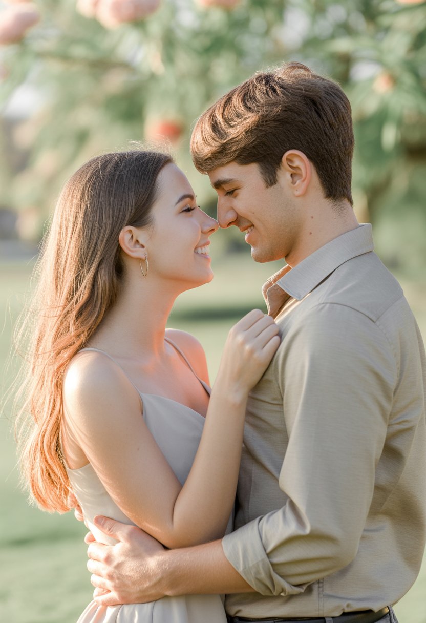 A young couple standing close outdoors, looking into each other's eyes just before a kiss.