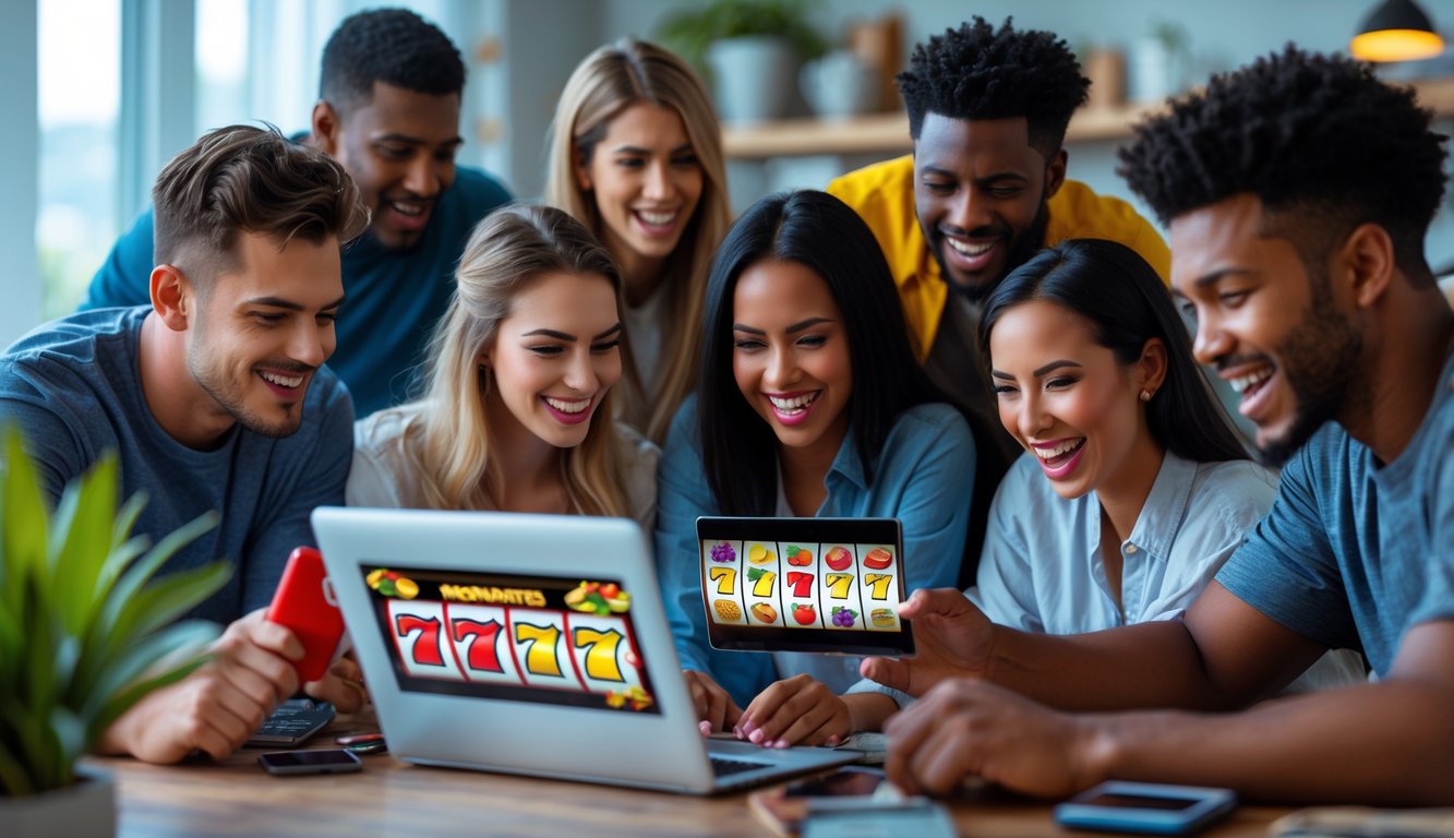 Sekelompok orang muda bermain permainan slot online dengan laptop dan ponsel di lingkungan rumah yang nyaman.