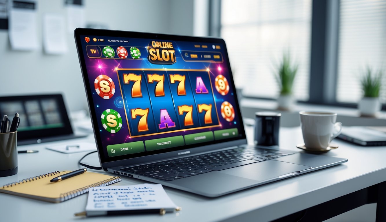 Seorang pemain duduk di depan komputer dengan permainan slot online di layar, dikelilingi oleh catatan dan alat tulis di meja kerja yang rapi.
