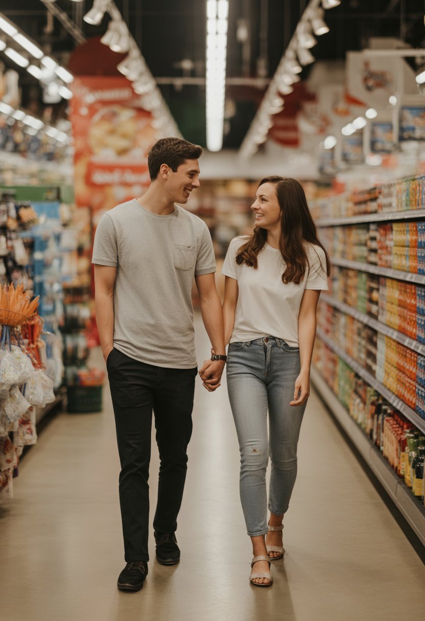 A young couple holding hands and walking down a grocery store aisle, smiling at each other.