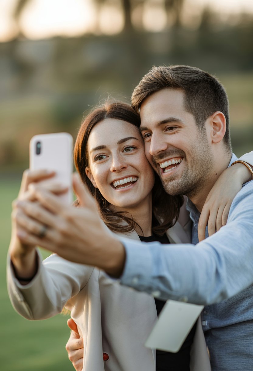 A happy couple smiling closely together while taking a selfie outdoors after a marriage proposal.