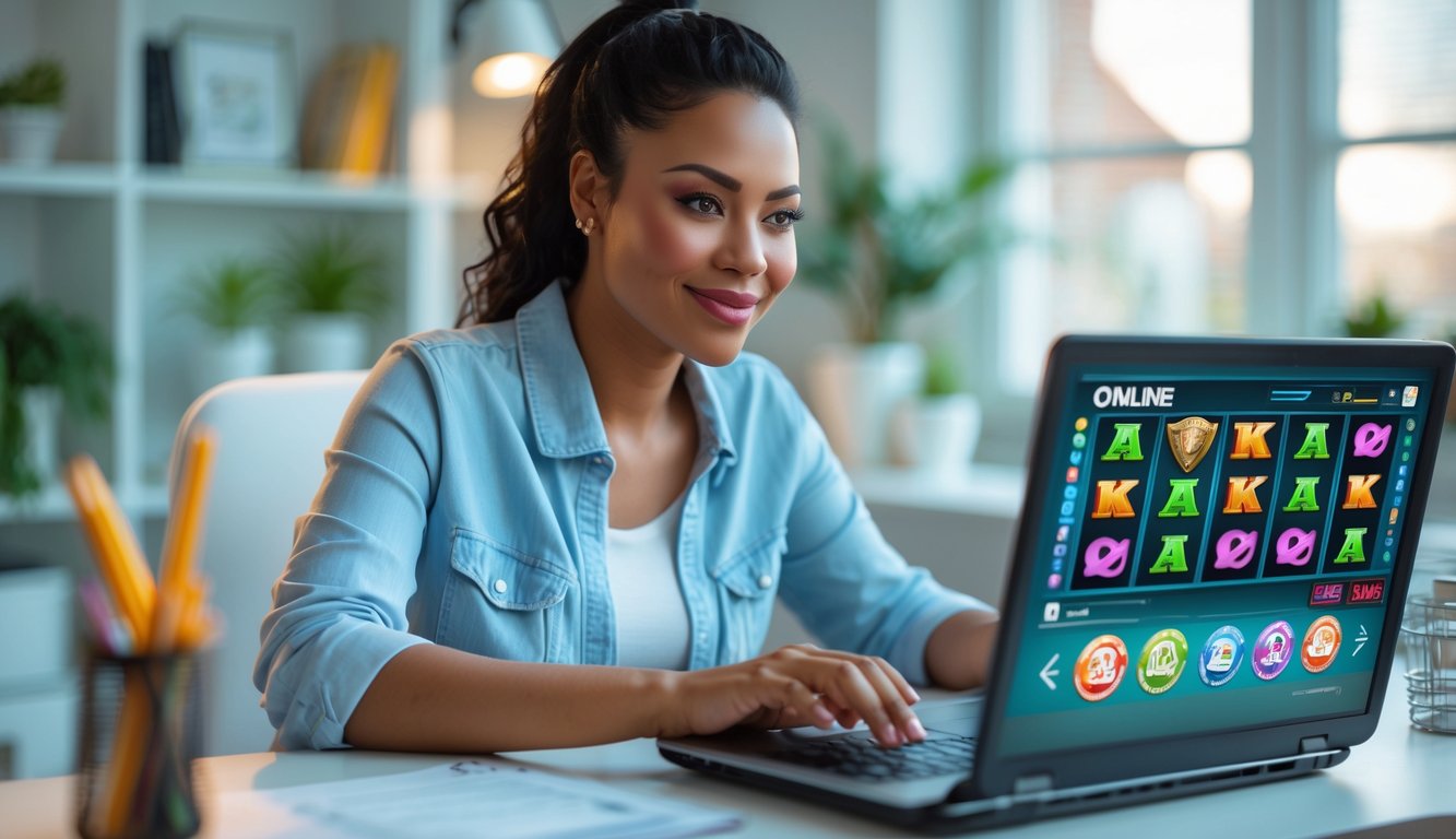 Seorang wanita muda duduk di meja kerja dengan laptop yang menampilkan permainan slot online, terlihat fokus dan tersenyum di ruangan dengan dekorasi modern dan pencahayaan alami.