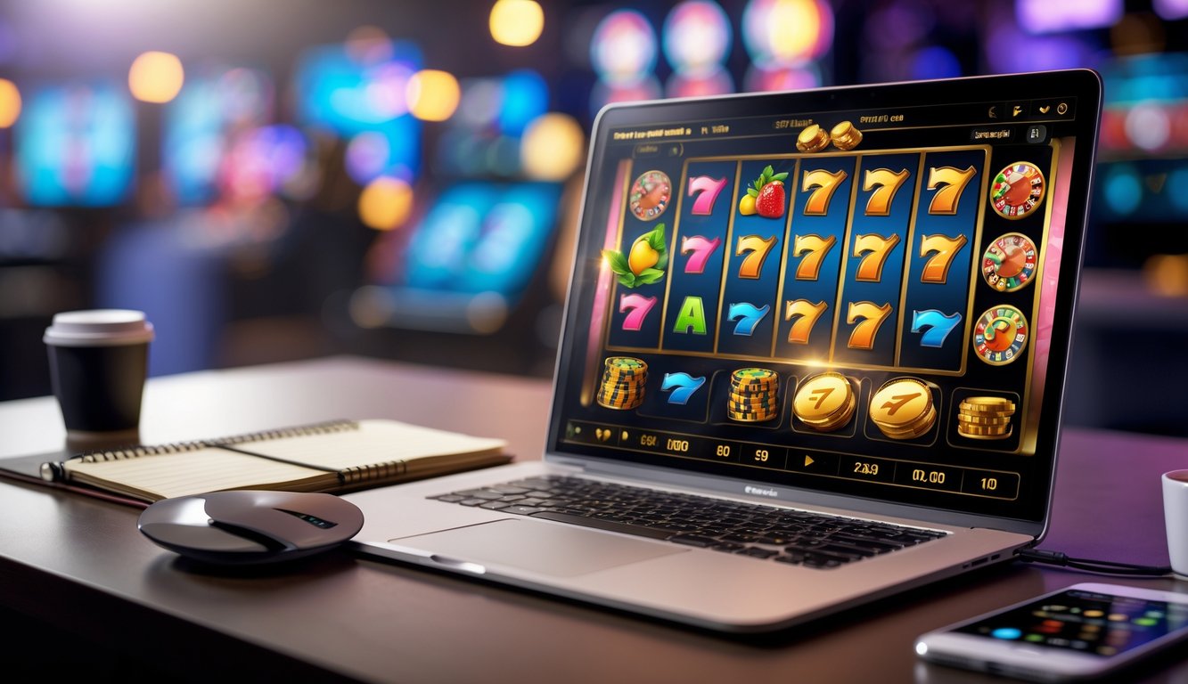 Seorang pengguna sedang bermain permainan slot online di komputer dengan tampilan grafis warna-warni dan simbol slot klasik, di sekitar meja terdapat catatan strategi dan secangkir kopi.